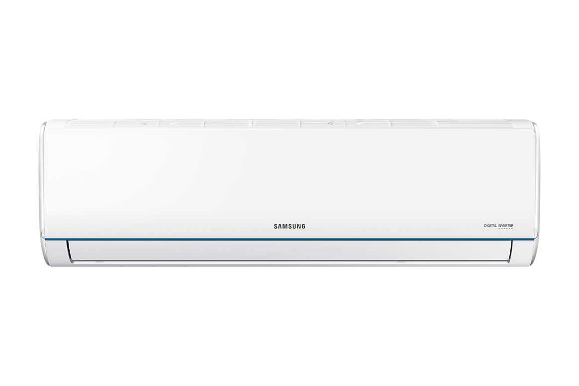 Mặt trước dàn lạnh màu trắng có đường viền xanh, cánh gió đóng Samsung F-AR09TYHQAS20