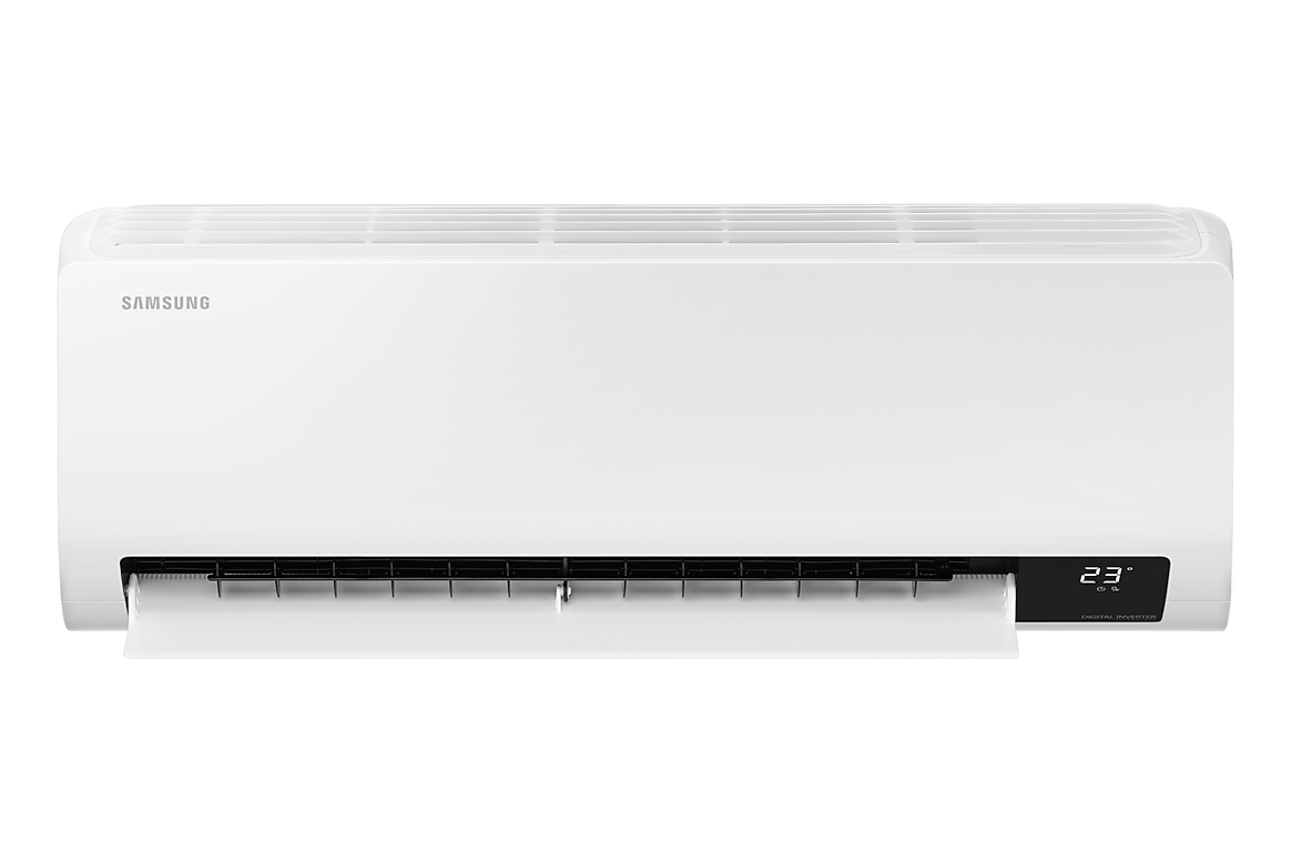 Mặt trước dàn lạnh màu trắng, cánh gió mở Samsung F-AR09ASHZAW21