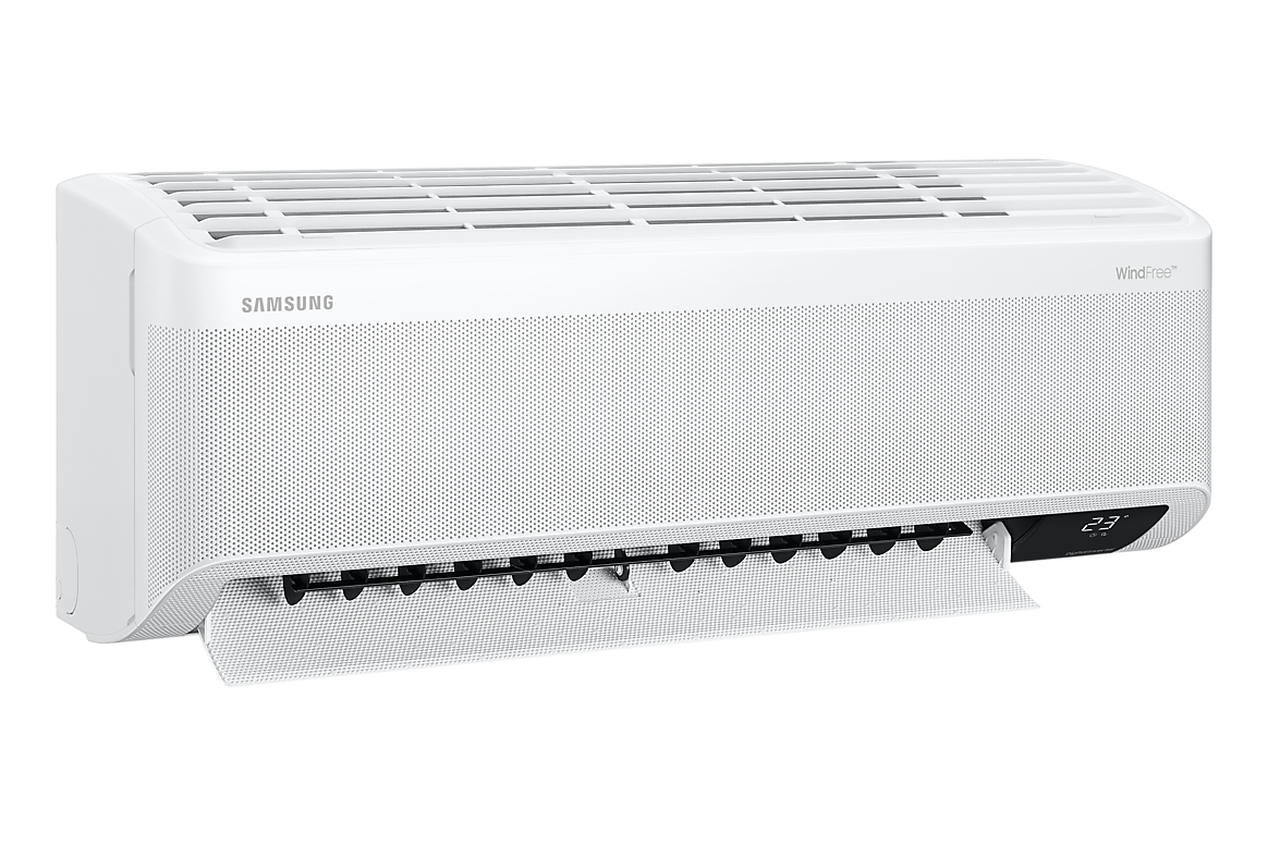 Góc nghiêng bên trái dàn lạnh màu trắng, cánh gió mở Samsung F-AR13CYHAA