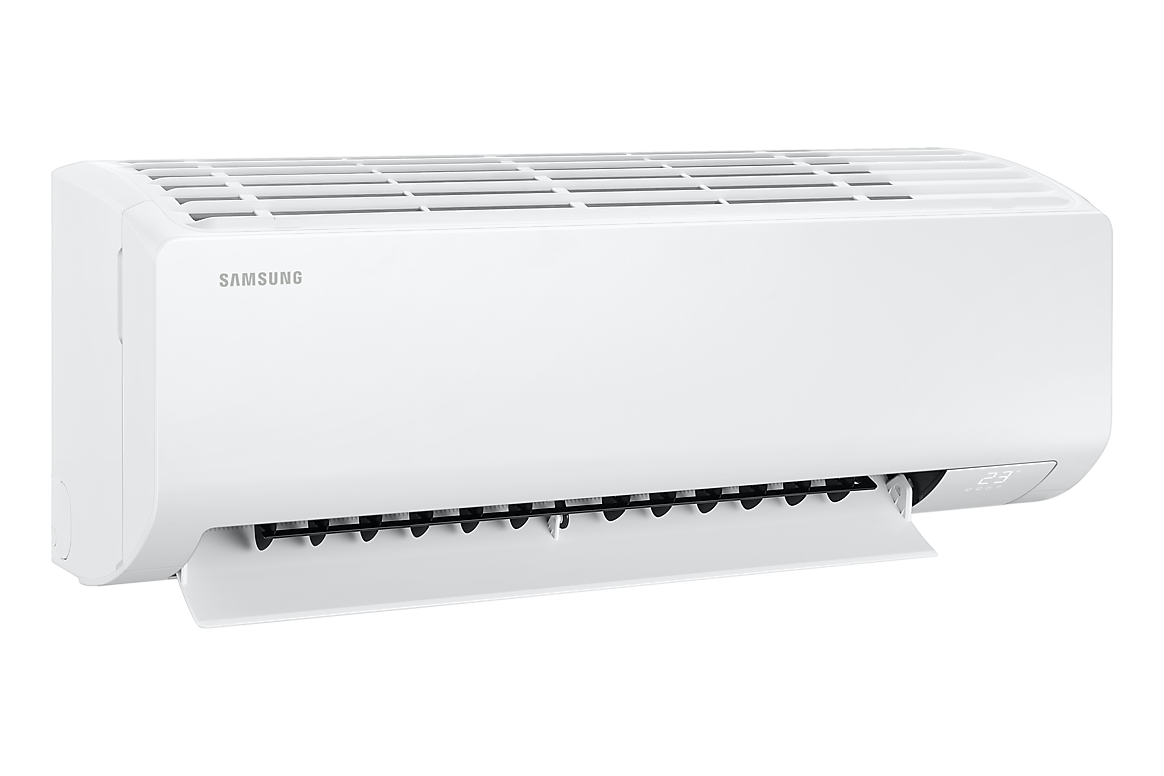 Góc nghiêng bên trái dàn lạnh màu trắng, cánh gió mở Samsung F-AR50H13D1BH