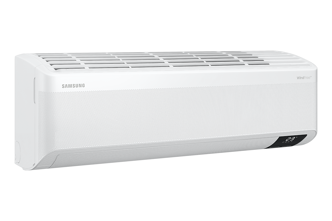 Góc nghiêng bên trái dàn lạnh màu trắng, cánh gió đóng Samsung F-AR18CYFAA-4G