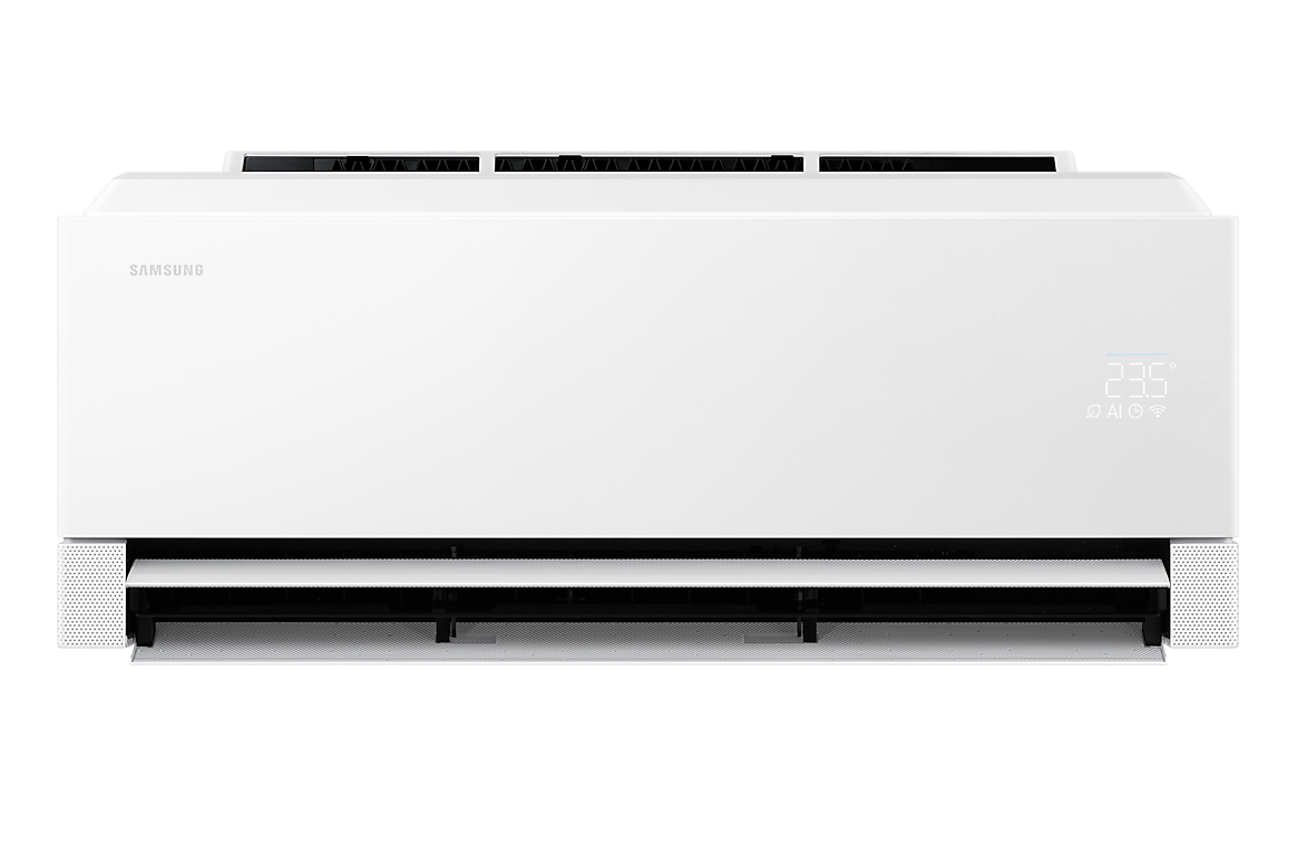 Mặt trước dàn lạnh màu trắng, cửa gió dưới mở Samsung F-AR80H13DAAW
