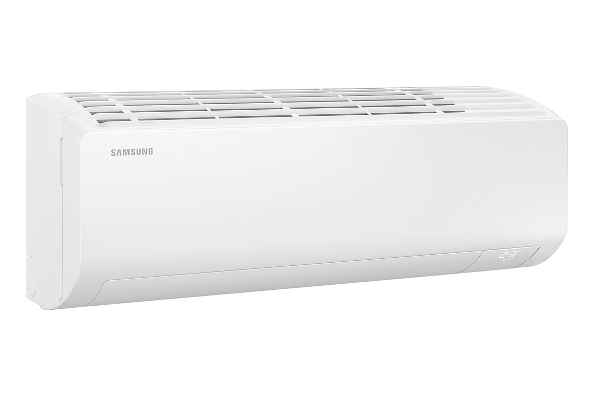 Góc nghiêng bên trái dàn lạnh màu trắng, cánh gió đóng Samsung F-AR13DYHZA24