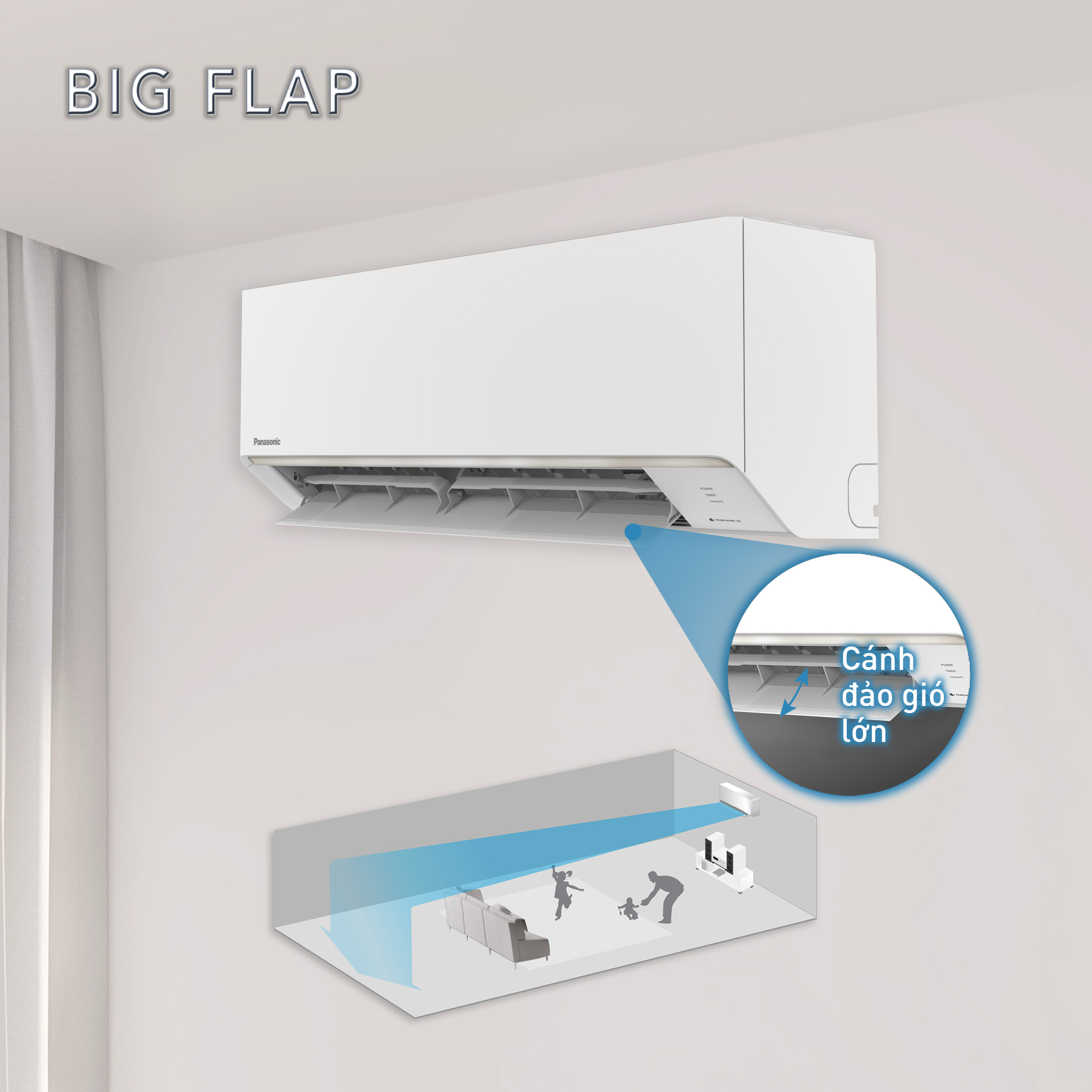 Cánh đảo gió dưới rộng giúp lan tỏa khí mát trên máy lạnh Panasonic N12AKH-8