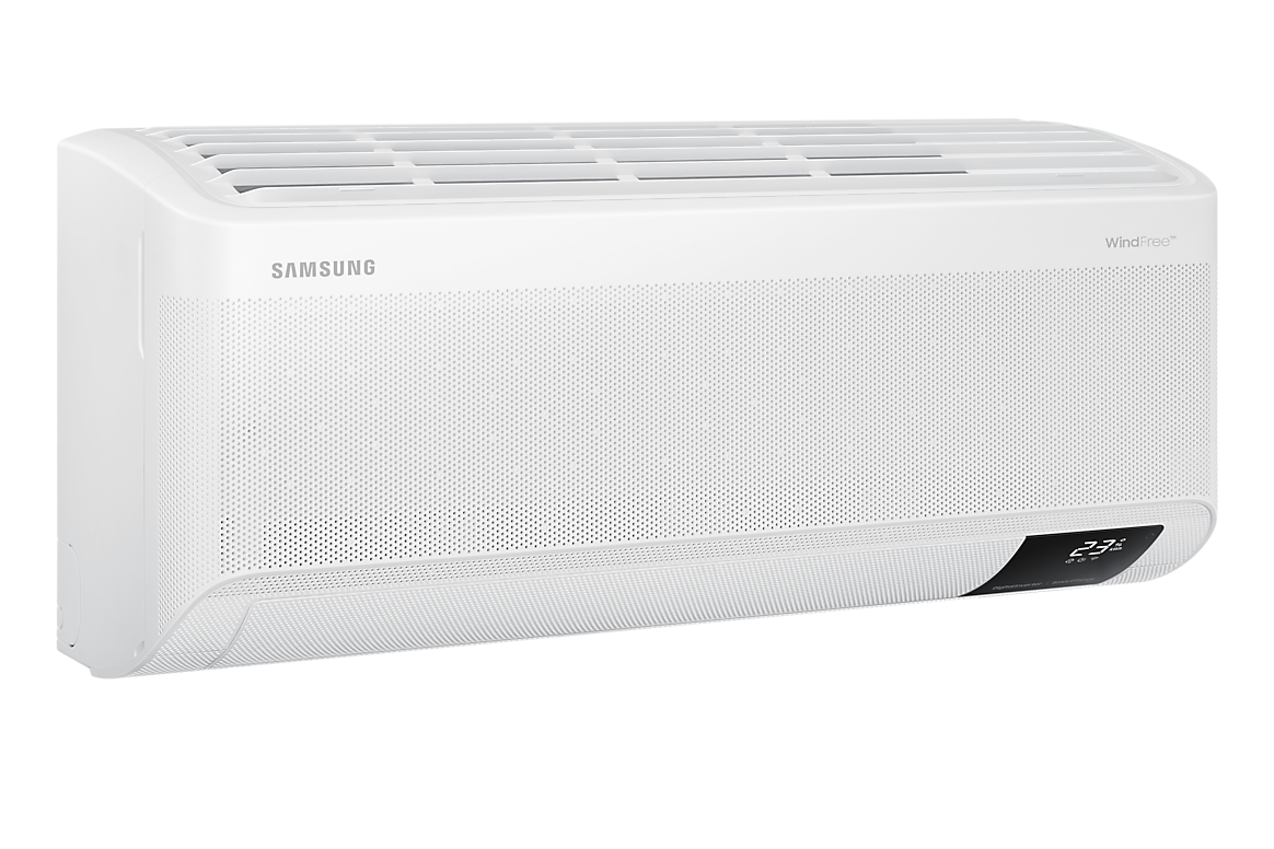 Góc nghiêng bên trái dàn lạnh màu trắng, cánh gió đóng Samsung F-AR10CYFAA