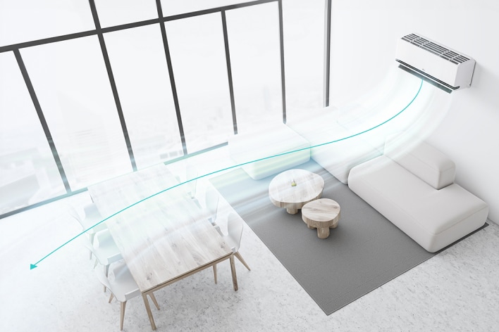 Minh họa luồng khí từ máy lạnh đến khu vực bàn ăn và sofa
