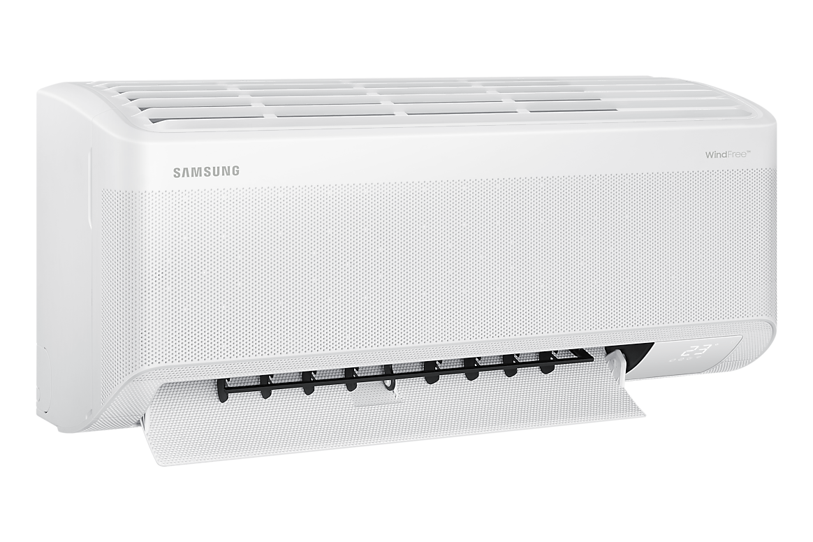 Góc nghiêng bên trái dàn lạnh màu trắng, cánh gió mở Samsung F-AR60H10D1MW