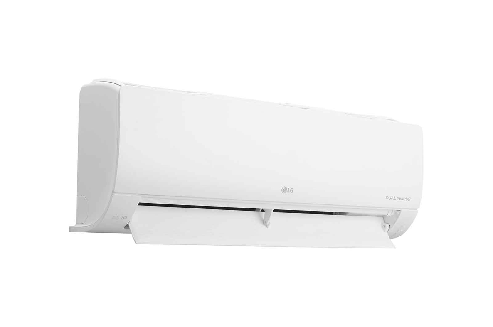 Máy lạnh LG IEC09M1 nhìn chéo bên trái, cánh hướng gió hạ