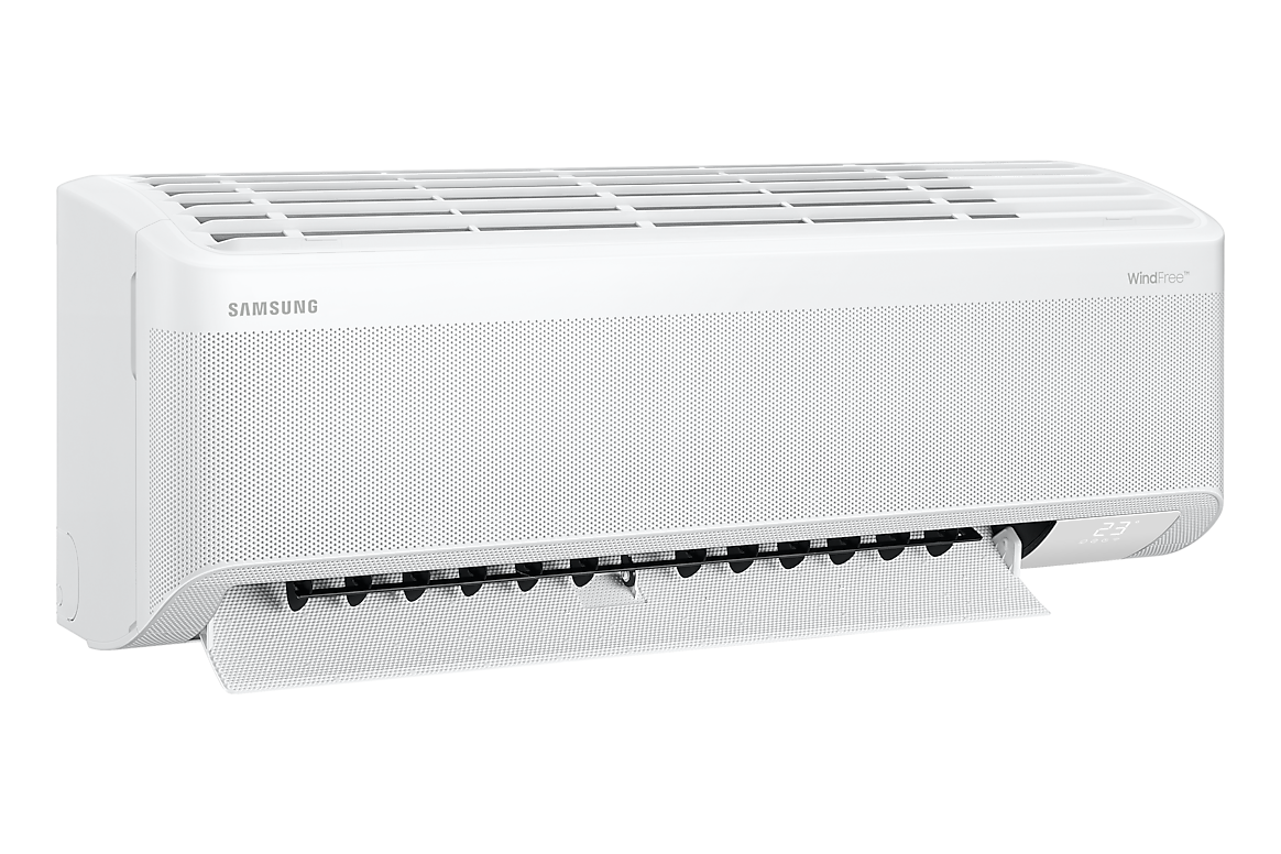 Góc nghiêng bên trái dàn lạnh màu trắng, cánh gió mở Samsung F-AR60H13D1MW