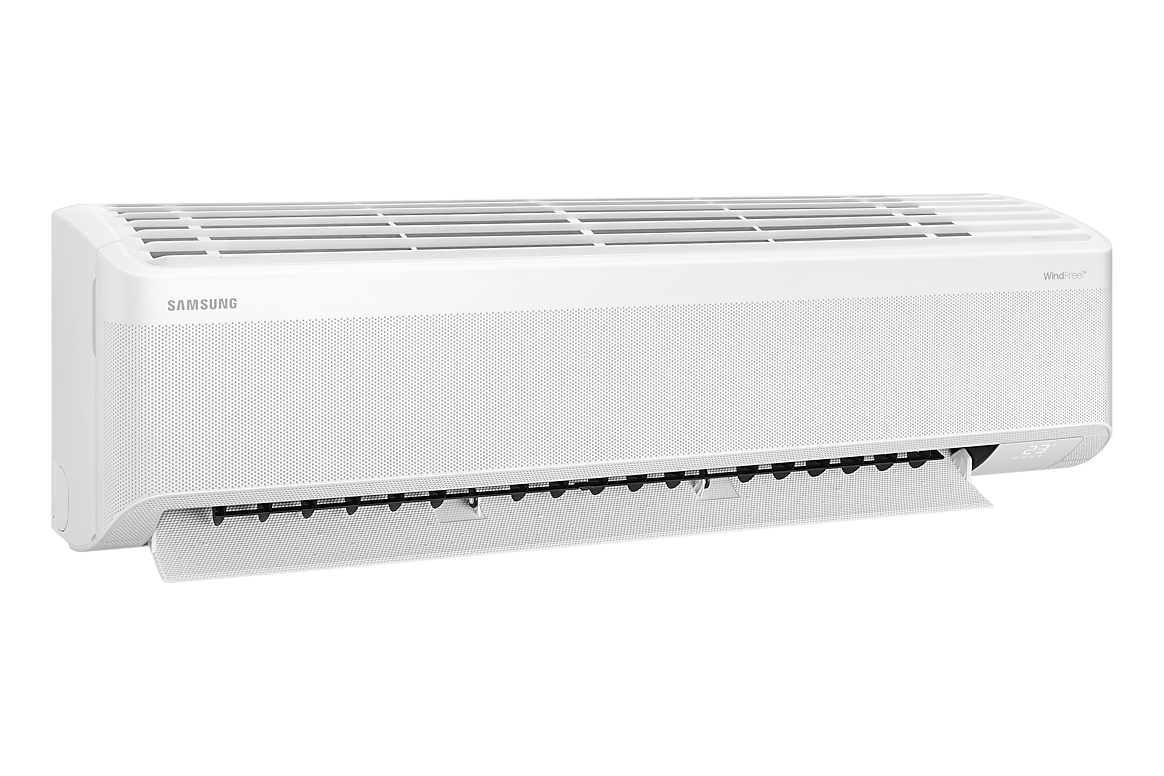 Góc nghiêng bên trái dàn lạnh màu trắng, cánh gió mở Samsung F-AR60H24D1MW