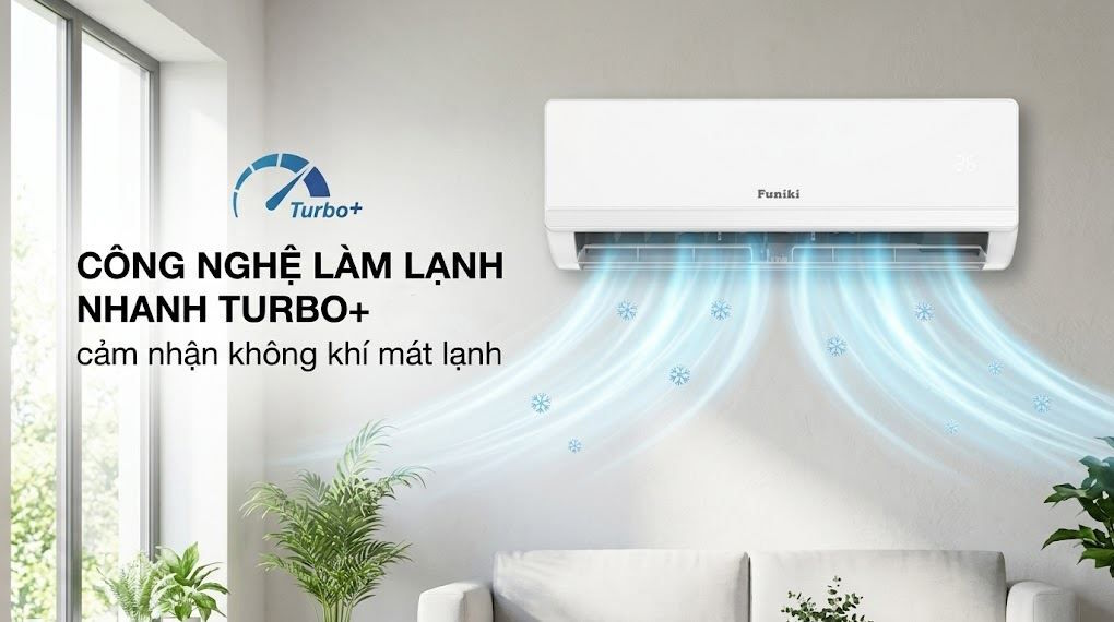 Minh họa mát mẻ nhanh hơn với turbo+ trên máy lạnh Funiki HIC09TMM-6