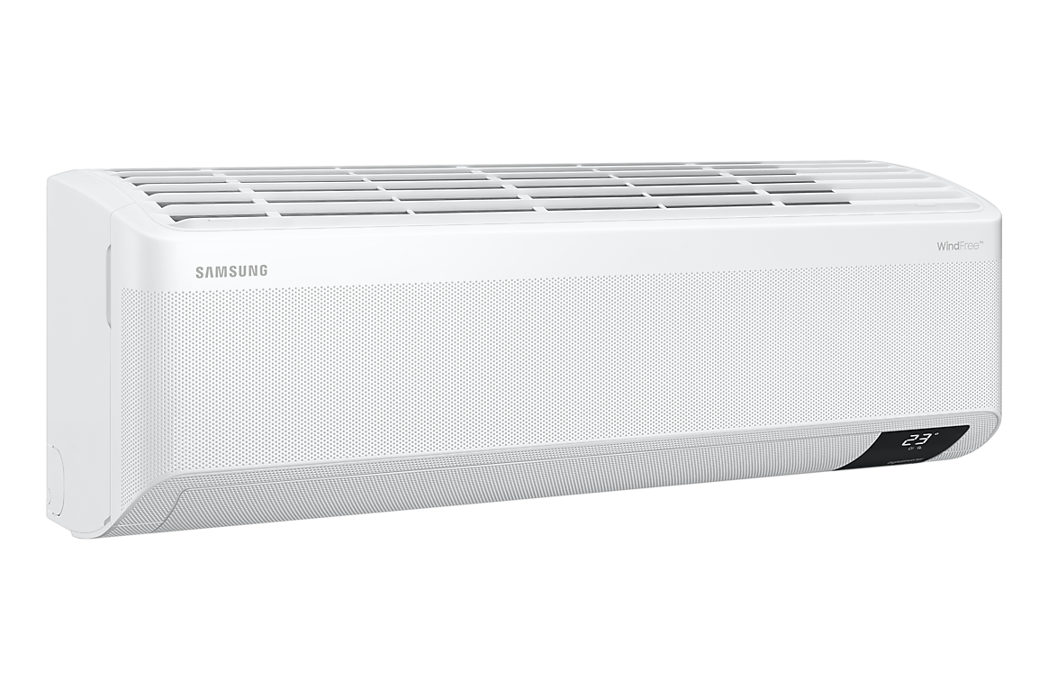 Góc nghiêng bên trái dàn lạnh màu trắng, cánh gió đóng Samsung F-AR18CYHAA-4G