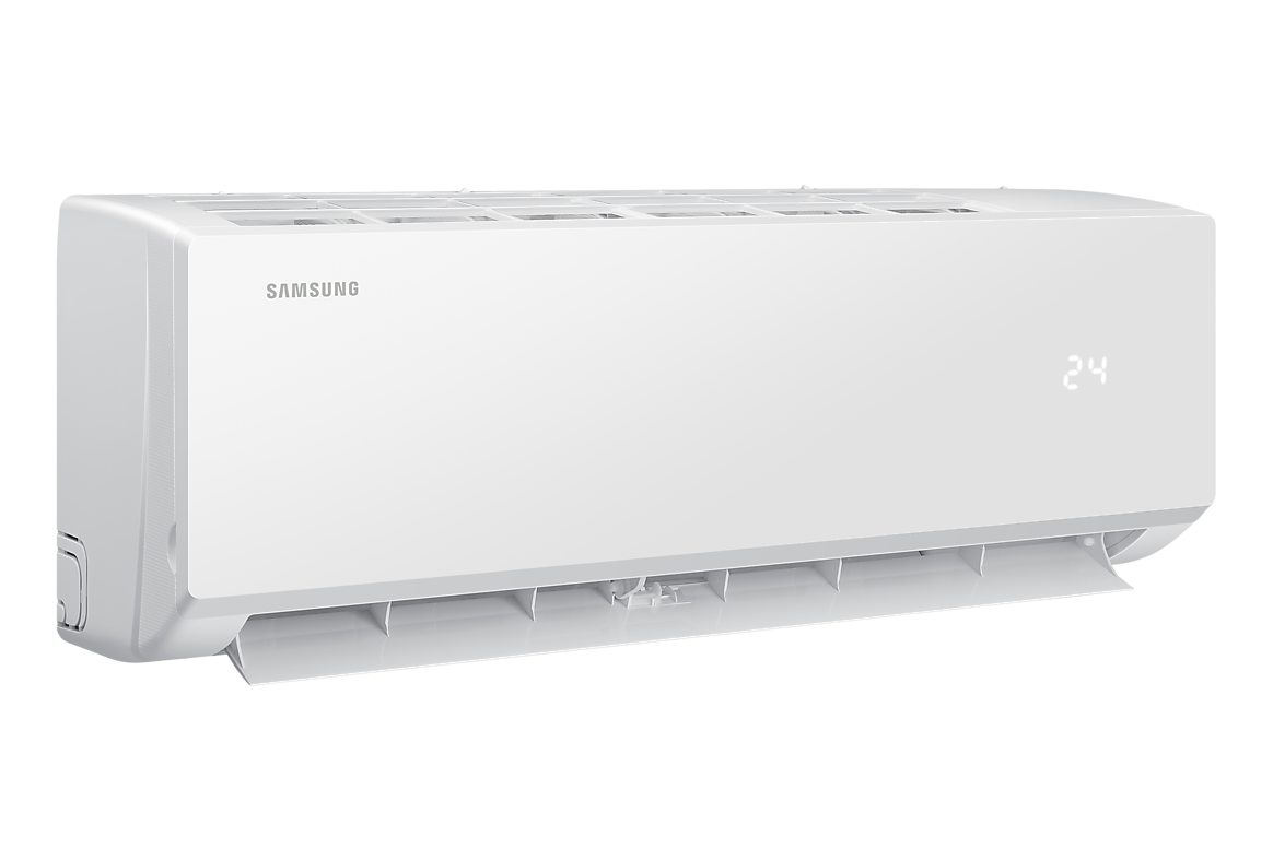 Góc nghiêng bên trái dàn lạnh màu trắng, cánh gió mở Samsung F-AR40H09D0AT