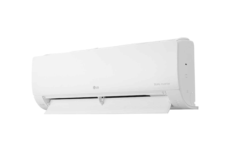 Máy lạnh LG IEC12M2 nhìn chéo, cánh hướng gió mở phía dưới