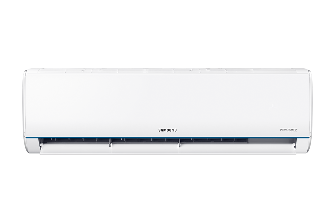 Mặt trước dàn lạnh màu trắng có đường viền xanh, cánh gió mở Samsung F-AR12TYHQAS20