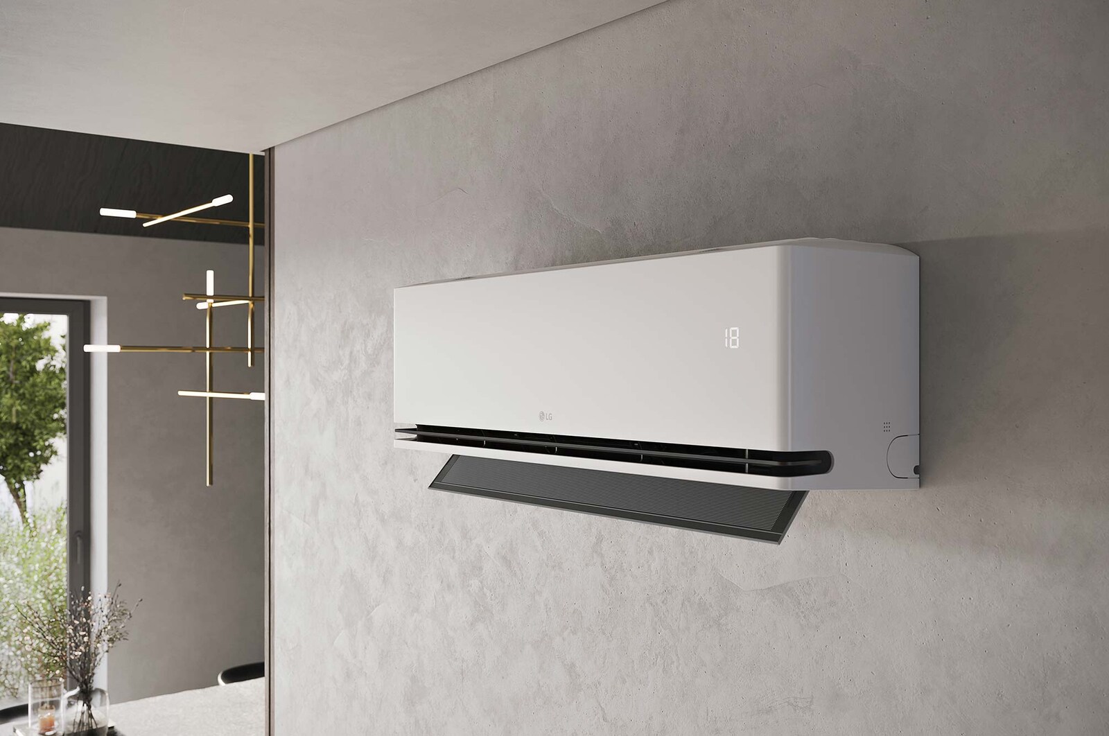 Góc nhìn máy lạnh lắp trên tường trong không gian nội thất trên trang LG IDC24M2