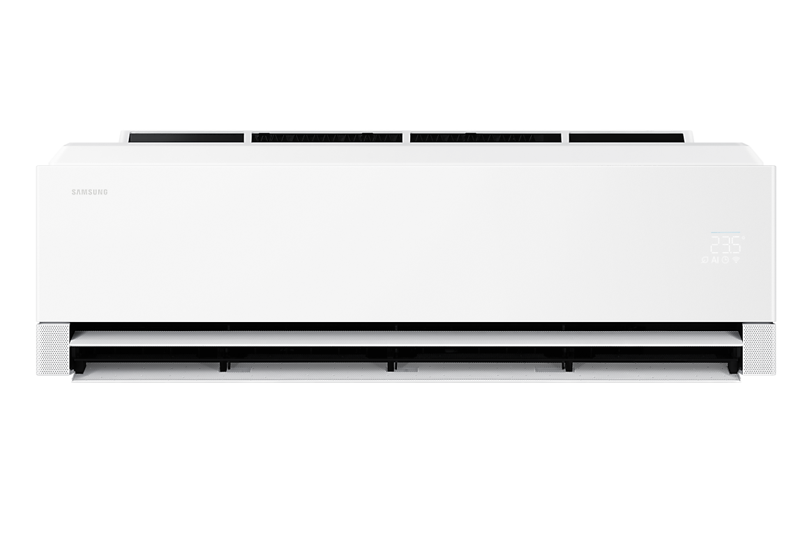 Mặt trước dàn lạnh màu trắng, cửa gió dưới mở Samsung F-AR80H18DAAW