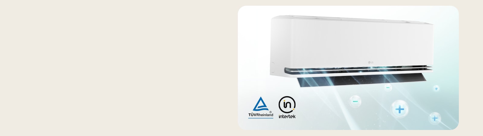 Hình minh họa bộ phát ion LG và biểu trưng thử nghiệm TÜV Rheinland, Intertek