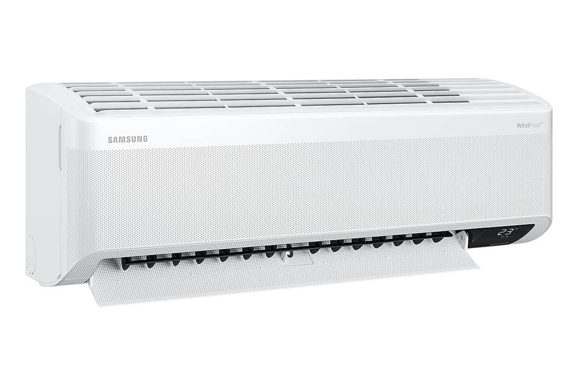 Góc nghiêng bên trái dàn lạnh màu trắng, cánh gió mở Samsung F-AR18CYHAA-4G