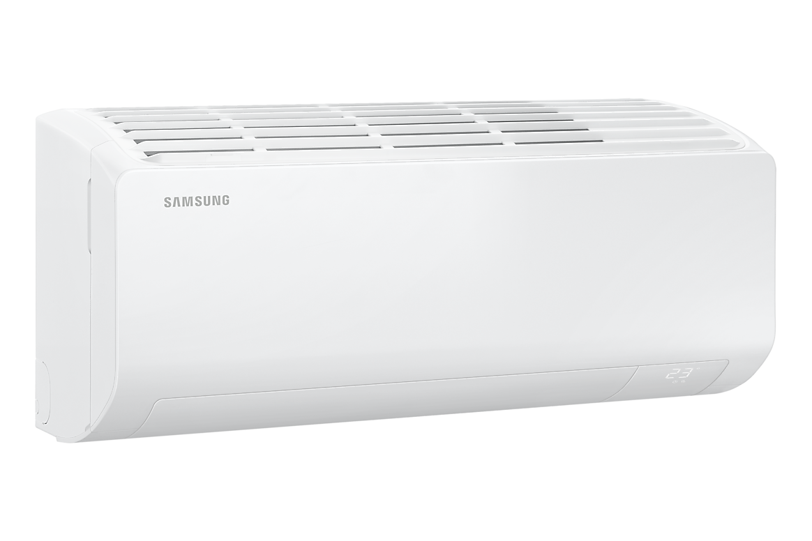 Góc nghiêng bên trái dàn lạnh màu trắng, cánh gió đóng Samsung F-AR10DYHZA24