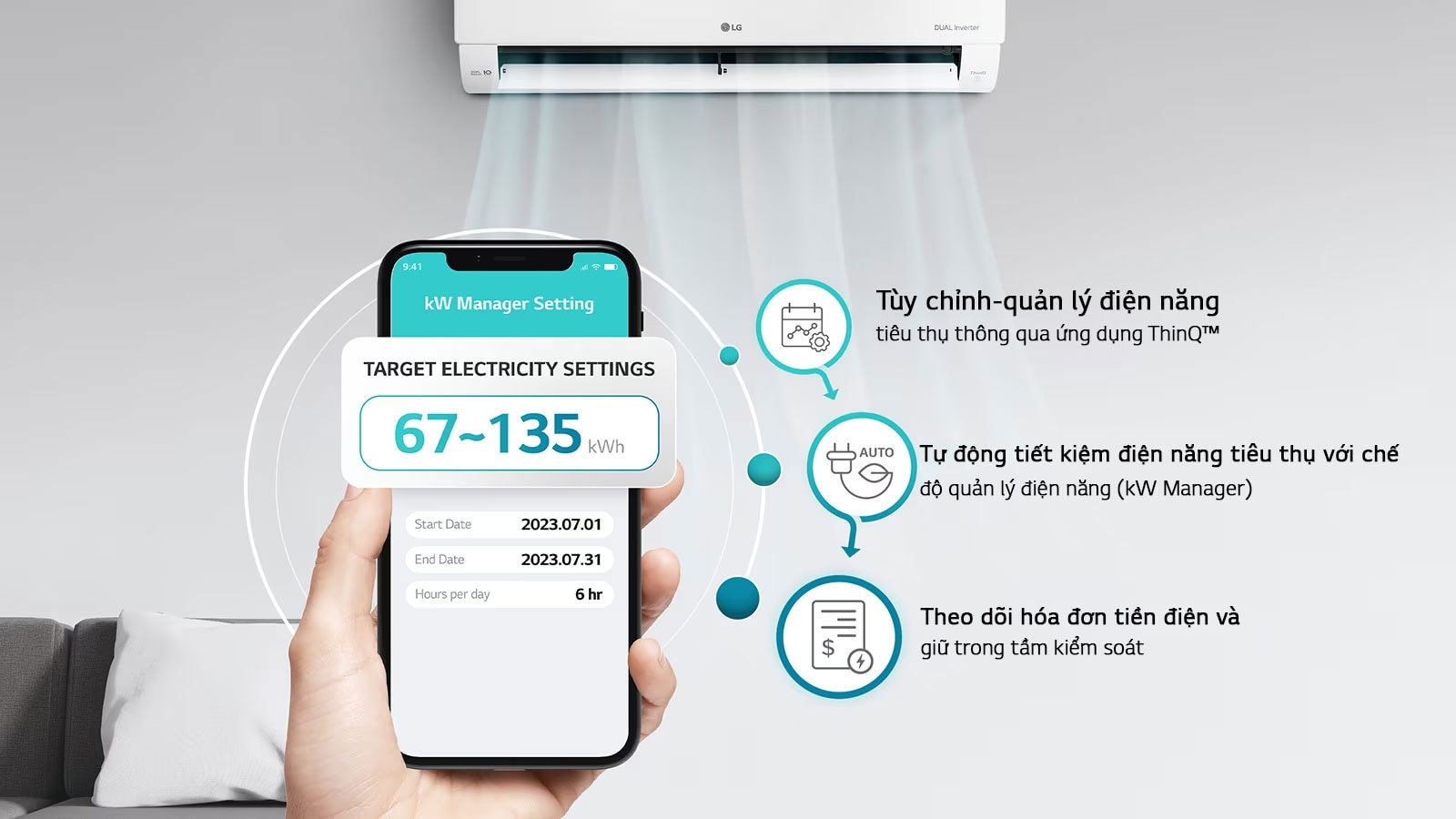 Hình minh họa kW Manager và ứng dụng LG ThinQ