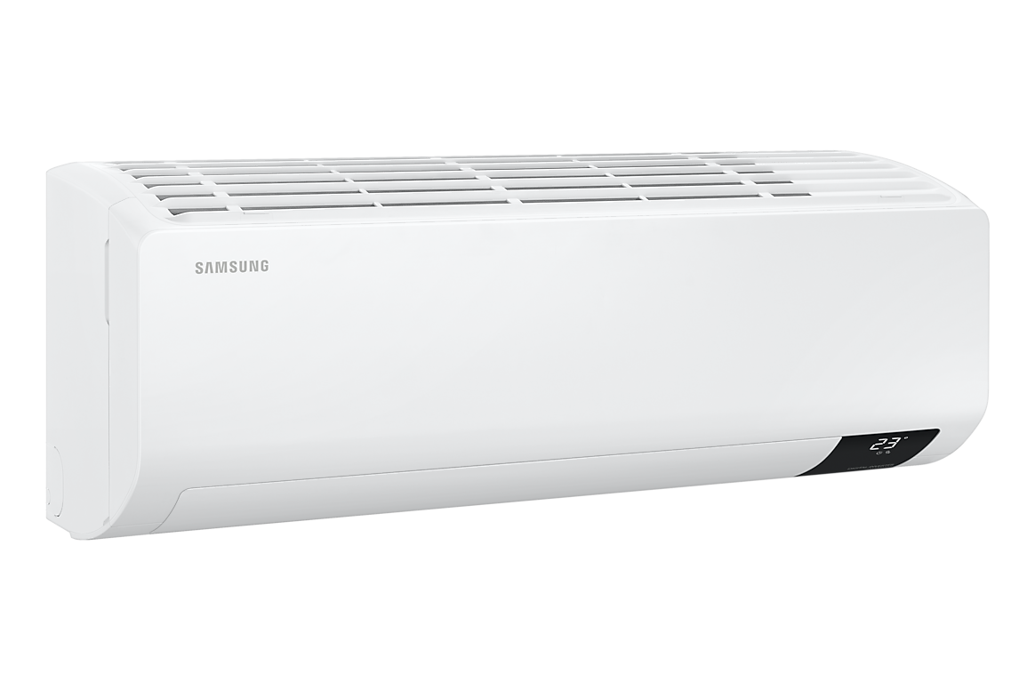Góc nghiêng bên trái dàn lạnh màu trắng, cánh gió đóng Samsung F-AR09ASHZAW21