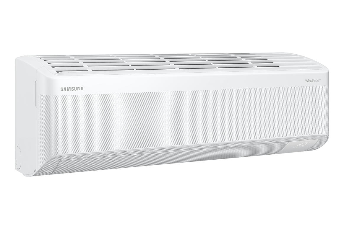 Góc nghiêng bên trái dàn lạnh màu trắng, cánh gió đóng Samsung F-AR60H18D1MW