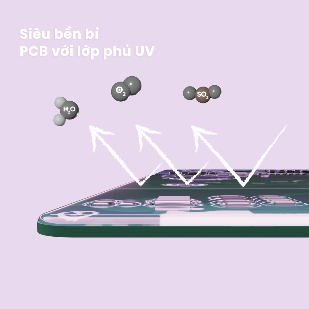 Minh họa lớp phủ uv hỗ trợ bảo vệ bo mạch trên trang máy lạnh Comfee CFS-13VDMF