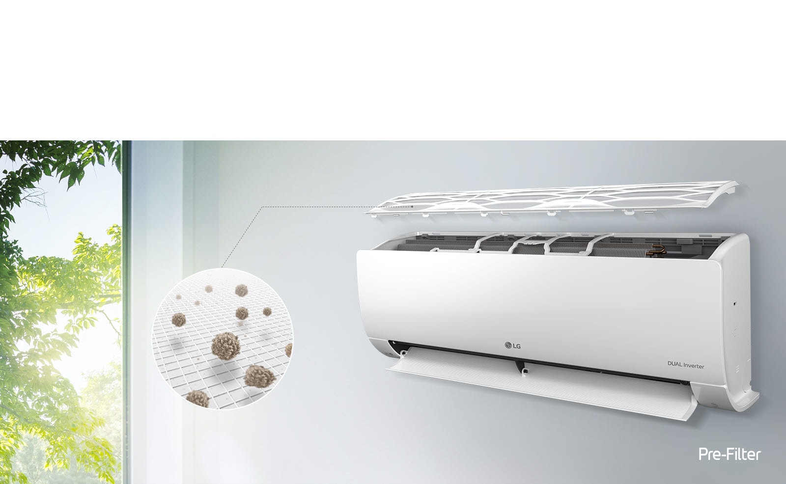 Hình cắt lớp máy lạnh LG cho thấy vị trí màng lọc sơ cấp