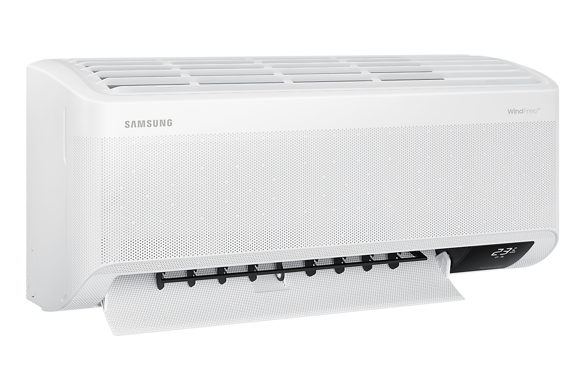 Góc nghiêng bên trái dàn lạnh màu trắng, cánh gió mở Samsung F-AR10CYHAA
