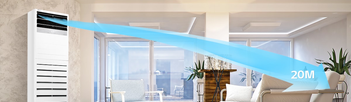 Minh họa luồng khí tủ đứng với khoảng thổi xa 20 m