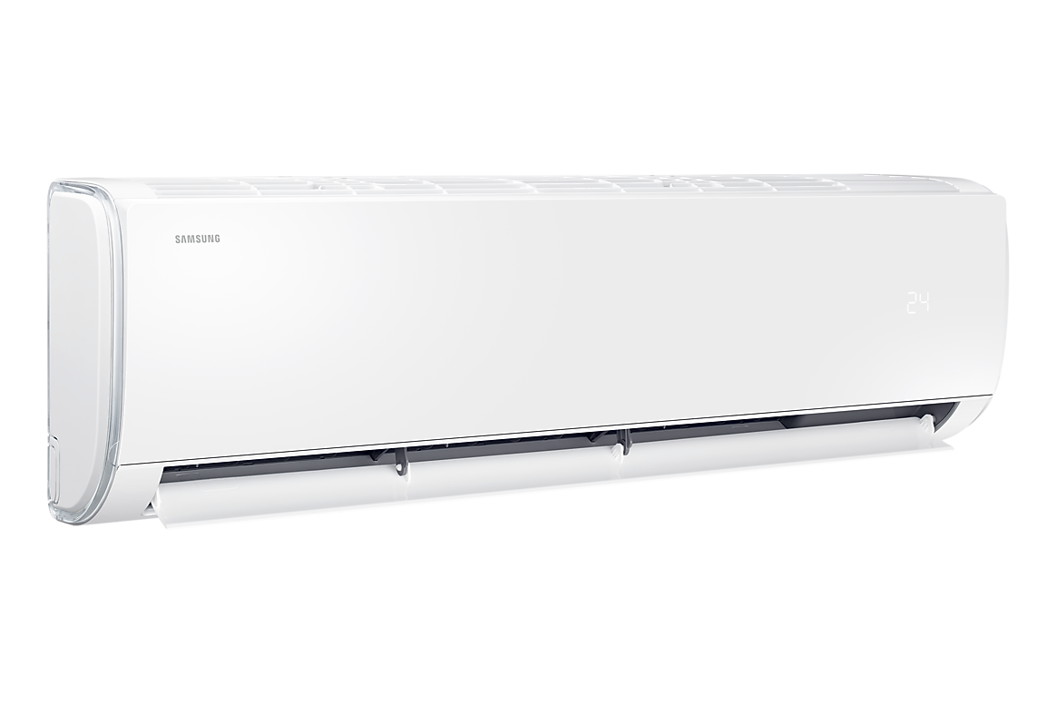 Góc nghiêng bên trái dàn lạnh màu trắng, cánh gió mở Samsung F-AR40H18C1AM