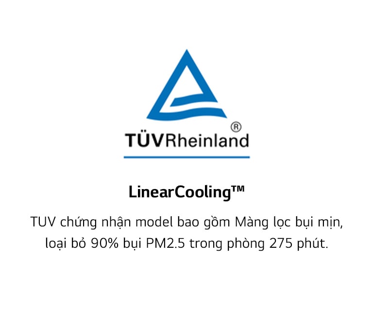 Biểu trưng TÜV Rheinland và nội dung LG về thử nghiệm lọc PM2.5