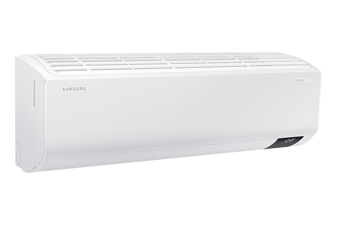 Góc nghiêng bên trái dàn lạnh màu trắng, cánh gió đóng Samsung F-AR18CYFCA-4G