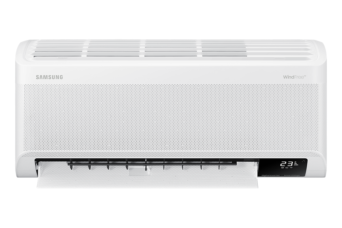 Mặt trước dàn lạnh màu trắng, cánh gió mở Samsung F-AR10CYFAA
