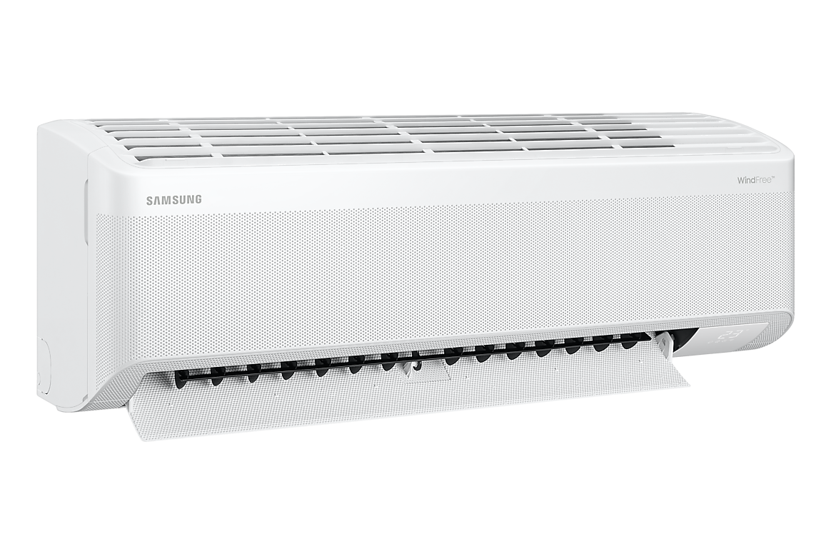 Góc nghiêng bên trái dàn lạnh màu trắng, cánh gió mở Samsung F-AR60H18D1MW