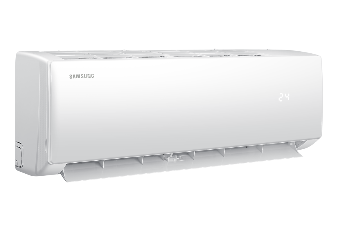 Góc nghiêng bên trái dàn lạnh màu trắng, cánh gió mở Samsung F-AR40H09D0BT