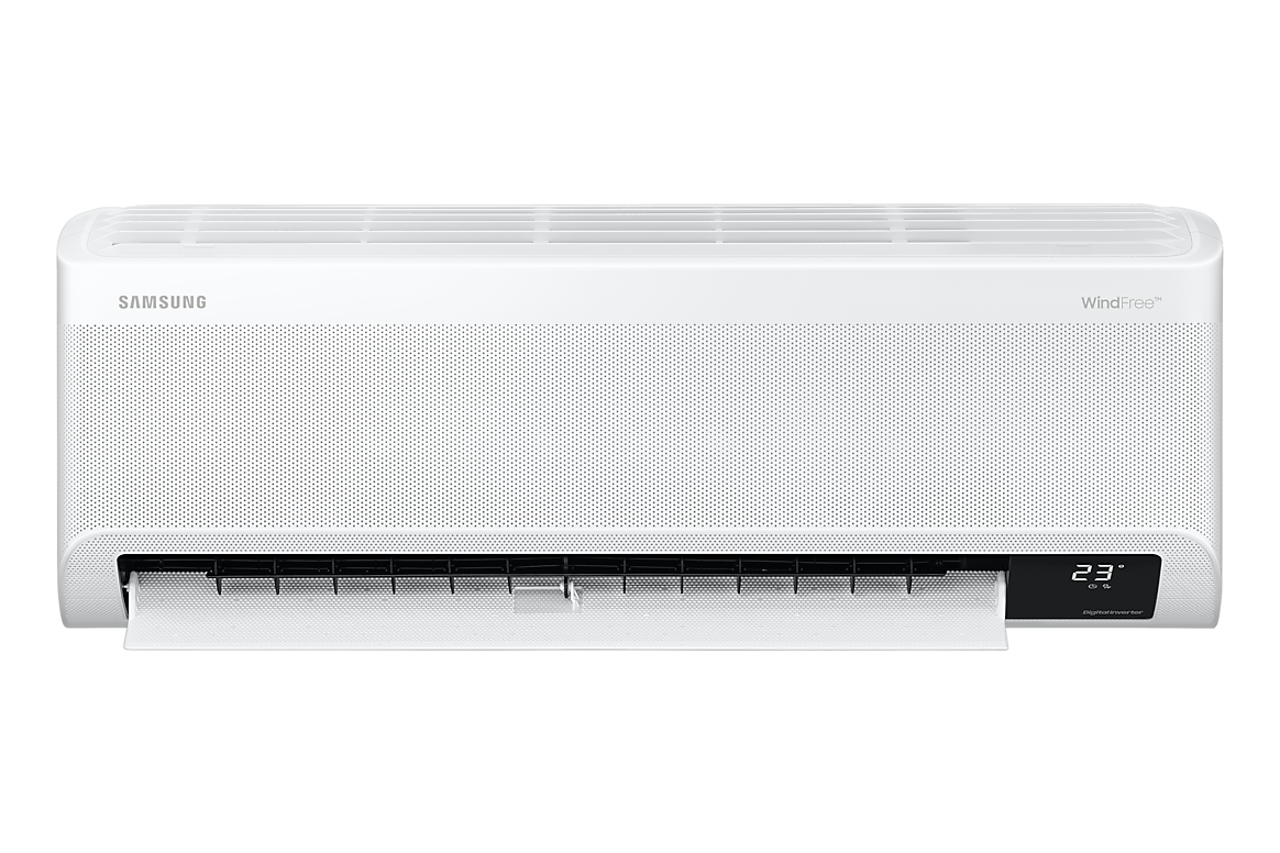 Mặt trước dàn lạnh màu trắng, cánh gió mở Samsung F-AR13CYHAA