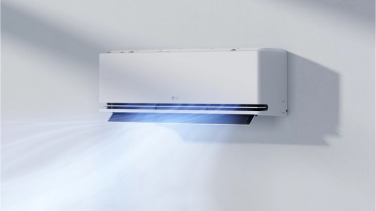 Luồng khí màu xanh minh họa chế độ Soft Air của LG