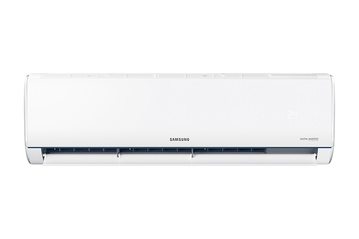 Mặt trước dàn lạnh màu trắng có đường viền xanh, cánh gió mở Samsung F-AR09TYHQAS20