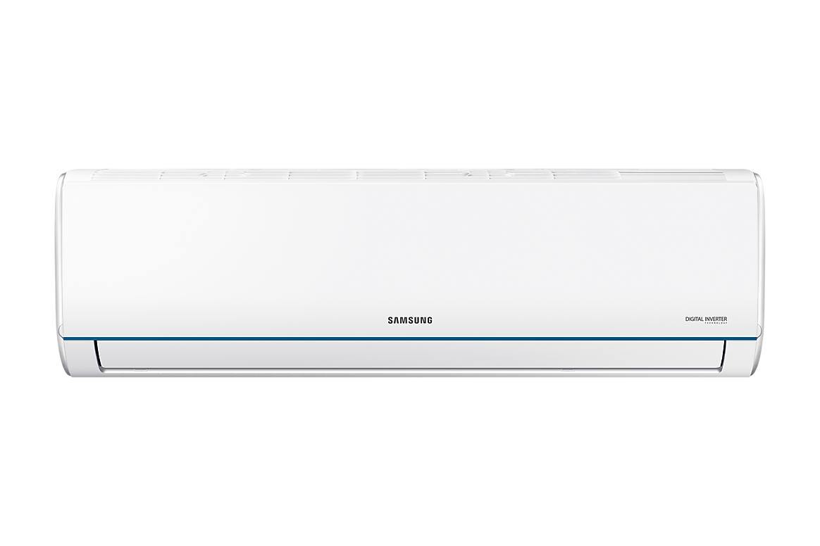 Mặt trước dàn lạnh màu trắng có đường viền xanh, cánh gió đóng Samsung F-AR12TYHQAS20