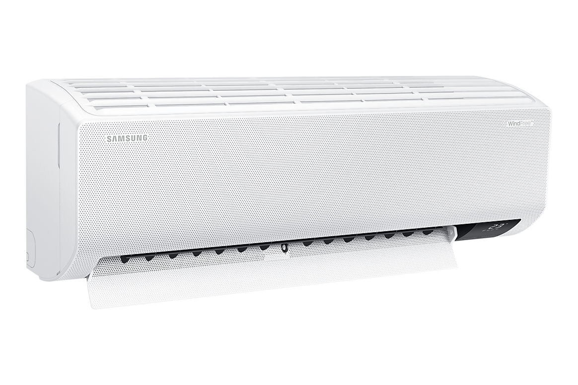 Góc nghiêng bên trái dàn lạnh màu trắng, cánh gió mở Samsung F-AR18CYFCA-4G