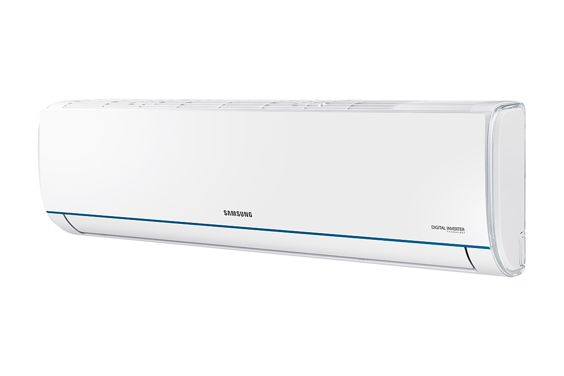 Góc nghiêng bên phải dàn lạnh màu trắng có đường viền xanh Samsung F-AR12TYHQAS20