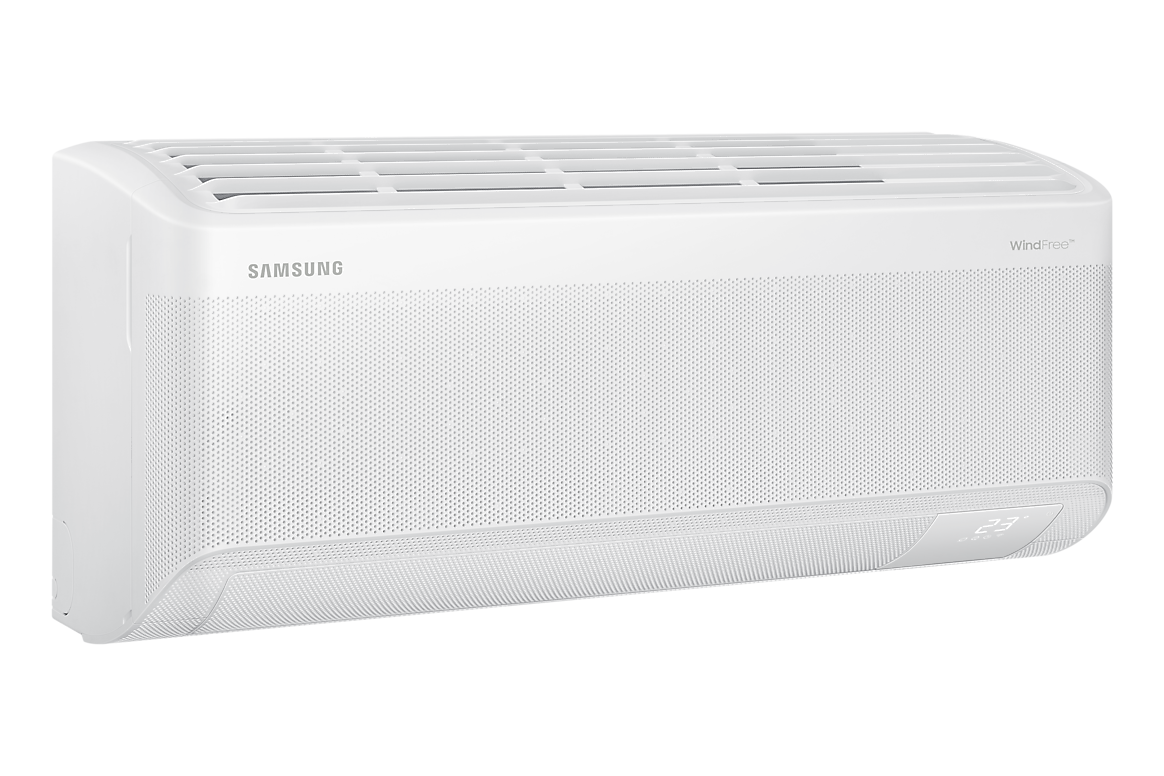 Góc nghiêng bên trái dàn lạnh màu trắng, cánh gió đóng Samsung F-AR60H10D1MW