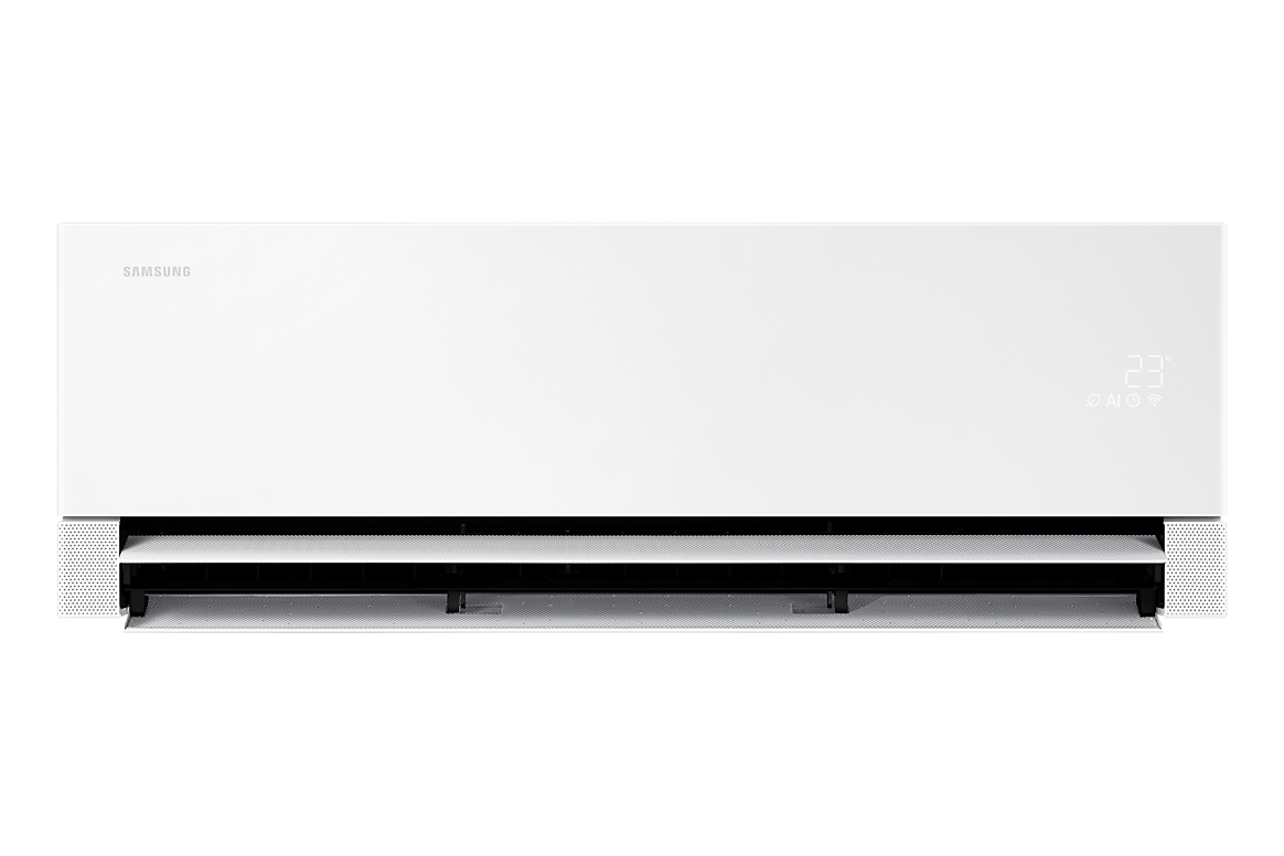 Mặt trước dàn lạnh màu trắng, cửa gió dưới mở Samsung F-AR70H18D1BW