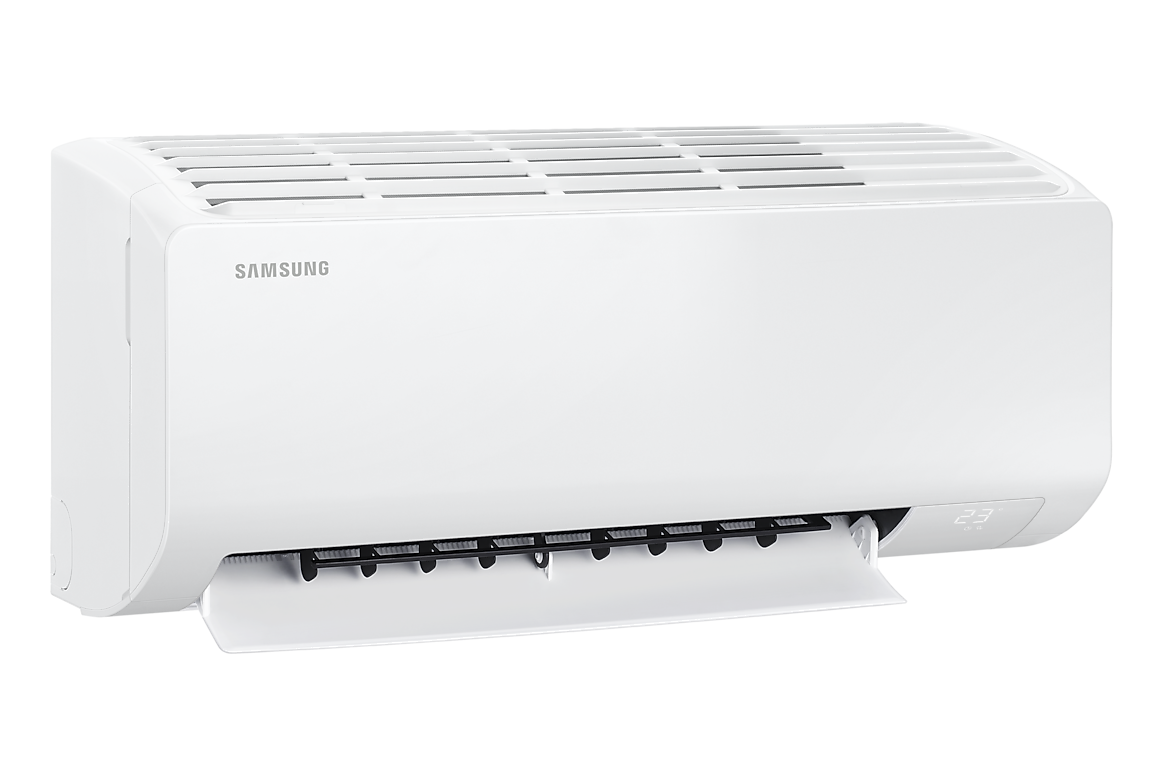 Góc nghiêng bên trái dàn lạnh màu trắng, cánh gió mở Samsung F-AR10DYHZA24