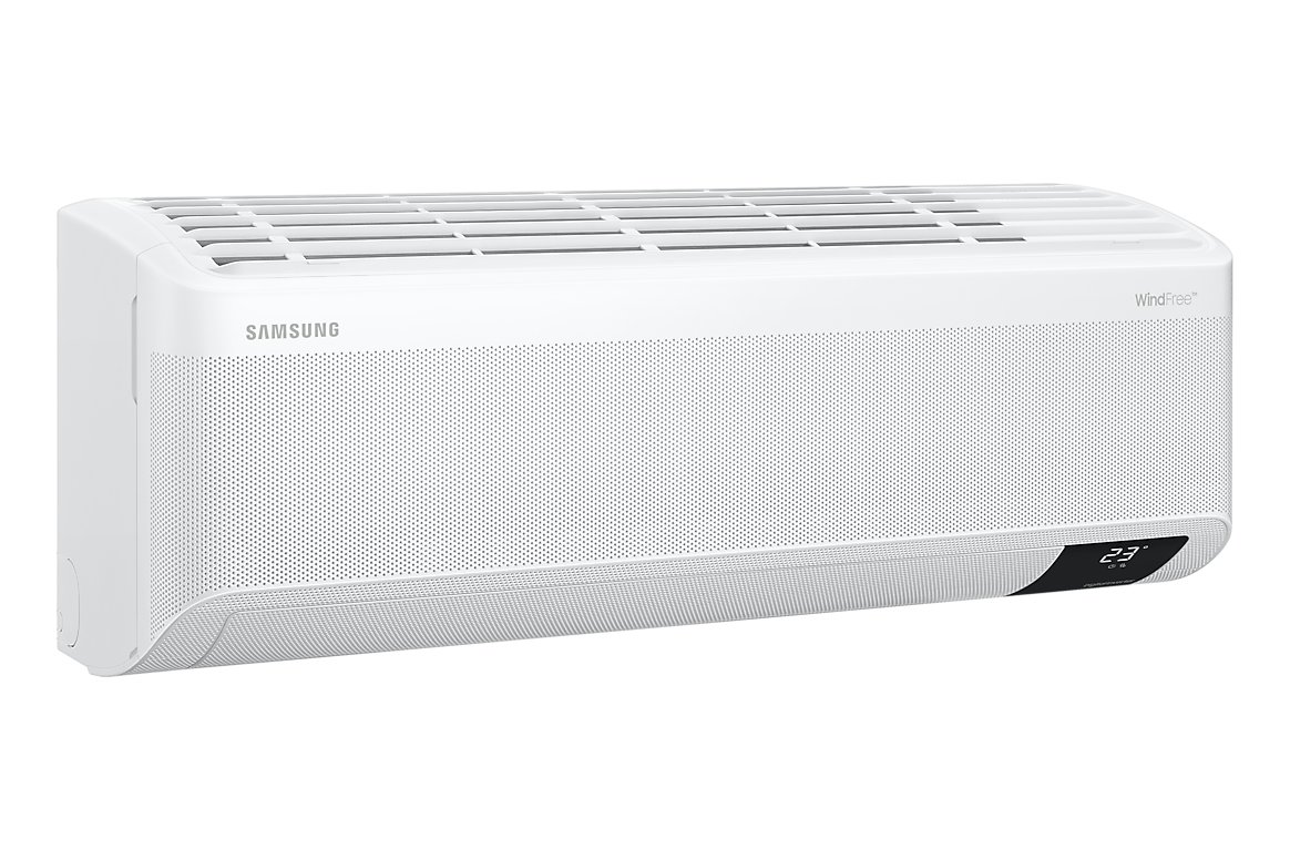Góc nghiêng bên trái dàn lạnh màu trắng, cánh gió đóng Samsung F-AR13CYHAA