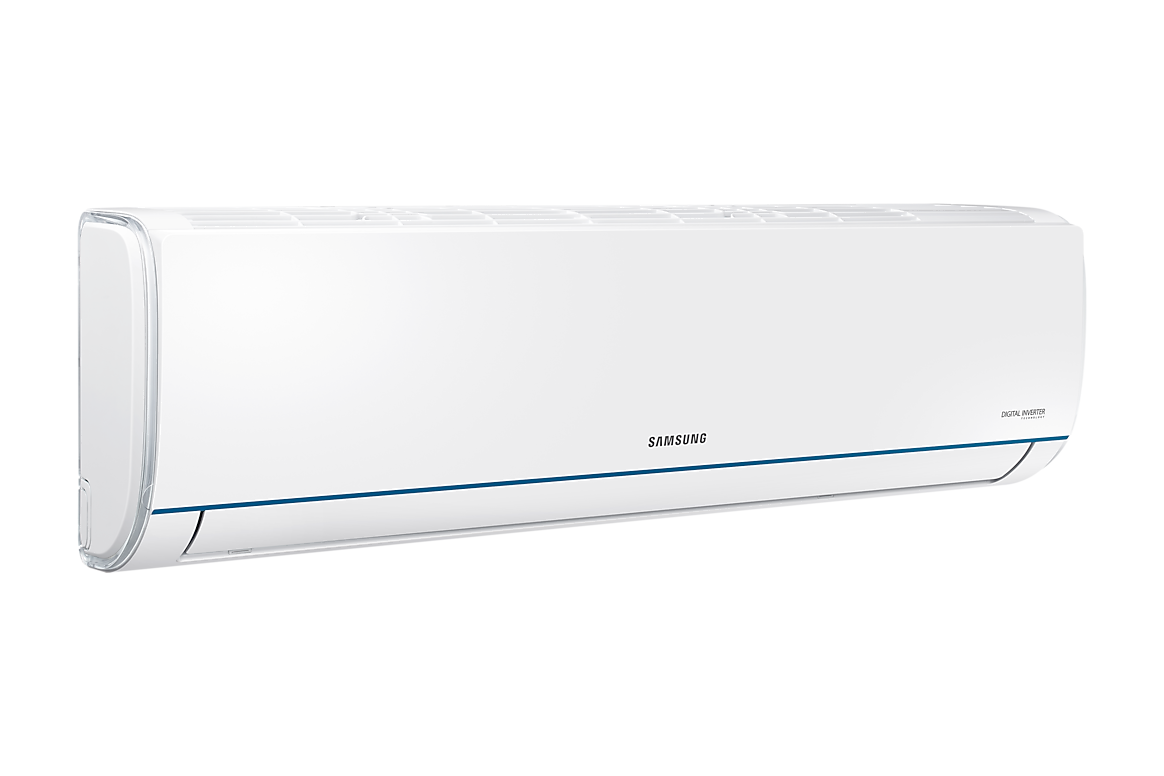 Góc nghiêng bên trái dàn lạnh màu trắng có đường viền xanh Samsung F-AR12TYHQAS20