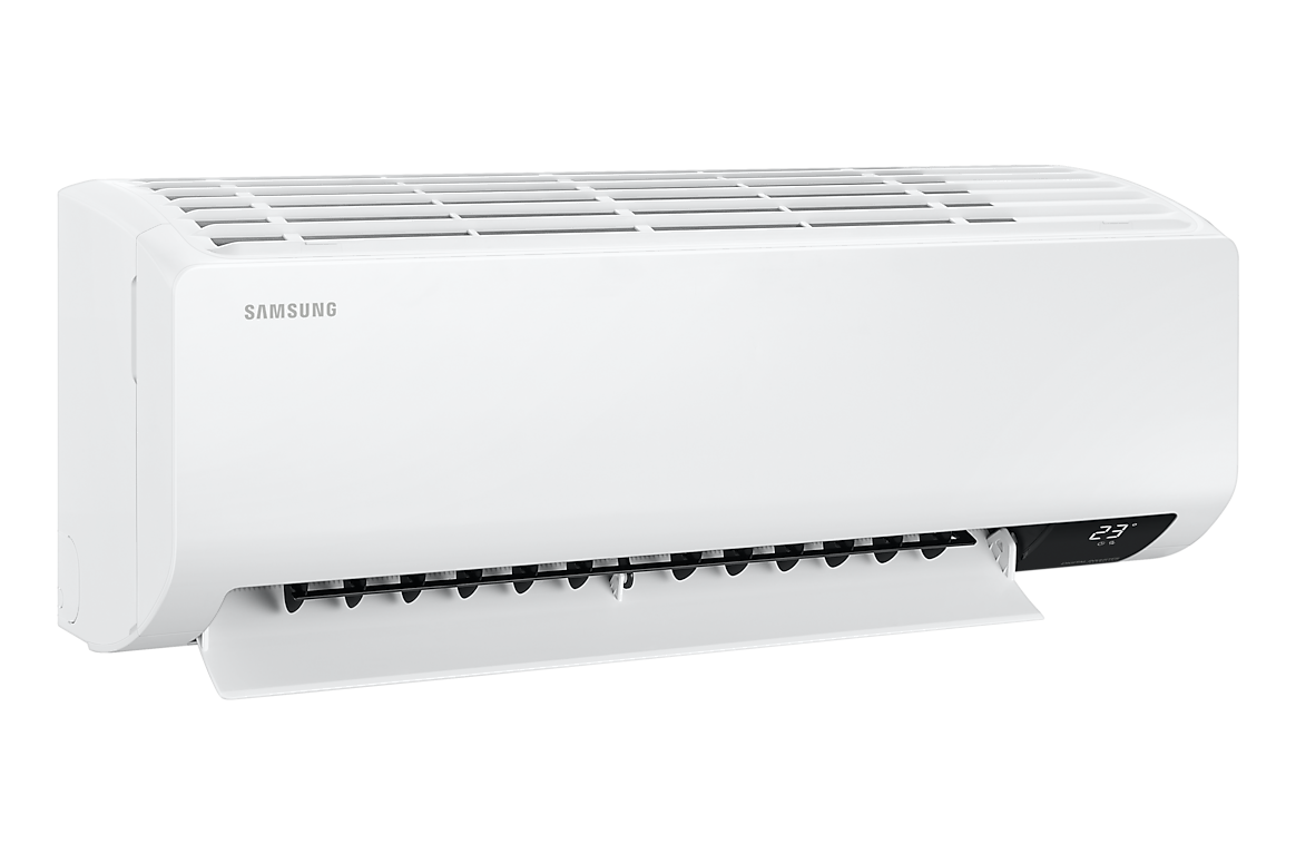 Góc nghiêng bên trái dàn lạnh màu trắng, cánh gió mở Samsung F-AR09ASHZAW21